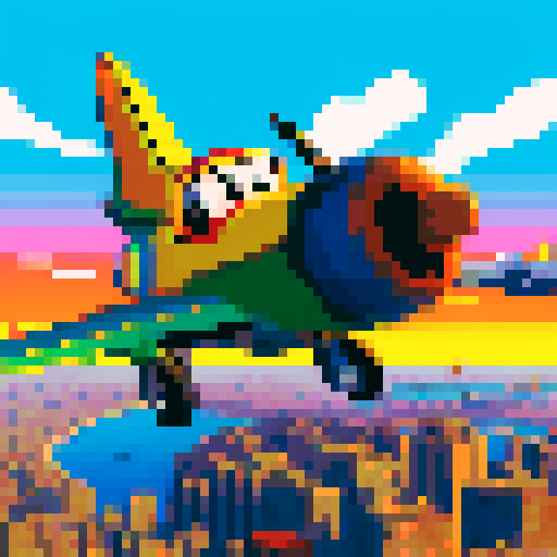 Tintin-style pixel art side scroller, featuring a courageous pilot navigating through a war-torn city, with vibrant explosions, crumbling buildings, soaring fighter planes, and a dramatic sunset backdrop