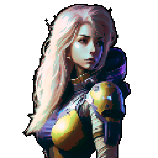 samus-aran type female character with anime eyes, no helmet, arm weapon like samus, medium sexy butt and boobs, standing facing right idle, fantasy RPG