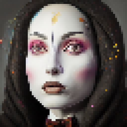 Surrealist portrait of a flamboyant circus performer with a painted face, wearing a top hat and bowtie, surrounded by floating balloons and a circus tent in the background.