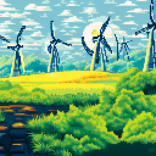 Heroes facing the sunset standing in a flourishing fields with lush greenery wind turbines and solar panels