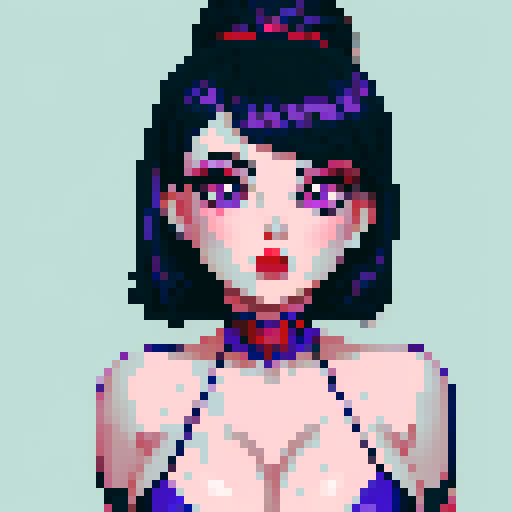 curvy, cute, goth girl,  black hair, purple eyeshadow, red lipstick. wearing bikini. glamour shot. 