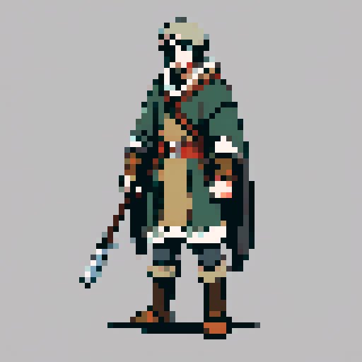 medieval character alone, 13th century, pixel art sprite, Finland region, 64x64 pixels, simple tunic, belted waist, fur footwear, hides, wrapped cords, natural earthy tones, rugged survival setting, visually expressive, low resolution, neutral pose, front-facing, pixel art, sRGB, transparent background.