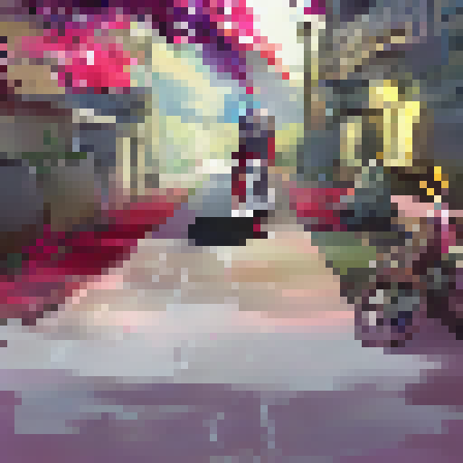 Pixel art portrait of a fierce samurai warrior, his red cape flowing as he wields a gleaming katana sword, surrounded by vibrant cherry blossom trees in an anime-style close-up, all in the landscape portrait style.