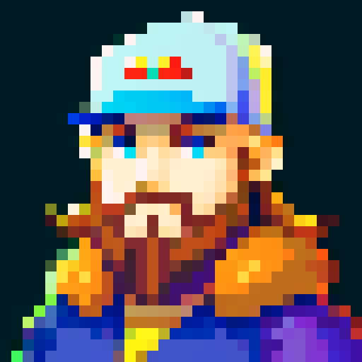 Create a pixel art portrait of a person wearing Pokemon-style clothing, including a cap with the Triforce logo from The Legend of Zelda. The person is bald and has a beard goatee