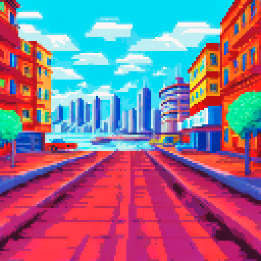 Monaco's glittering harbor nestled amidst towering skyscrapers, a sleek red Ferrari zooming past the roaring crowd, the sun-drenched coastline glittering in the background, all captured in vibrant pixelated glory