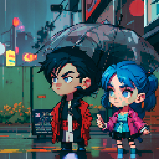 blue haired 90s pop girl on the right is smoking a cigarette, and the man on the left with black hair is holding a gun, night time rainy oldtime villag, grim