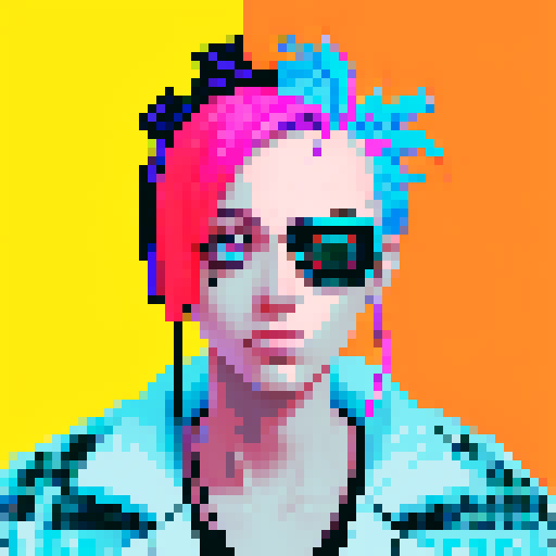 cyberpunk hacker with neon hair, neon cityscape reflection, vibrant graffiti, glitch effects, realistic