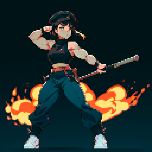 full-body image, muscle girl, female, thick biceps, big shoulders, big fists, muscular physique, thick waist, facing left, ready to fight, exaggerated proportions, black military uniform, black hat, military backdrop, sRGB, pixel art, no background, no backdrop, facing left, fists raised, ready to fight
