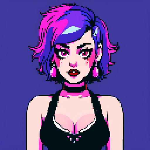 curvy, cute, busty greaser goth girl, with purple hair, blue eyeshadow, red lipstick. wearing bikini, studded collar. Posing in a sexy seductive glamour shot, whole head portrait, avatar photo. vibrant sRGB colors, pixel art, edgy aesthetic