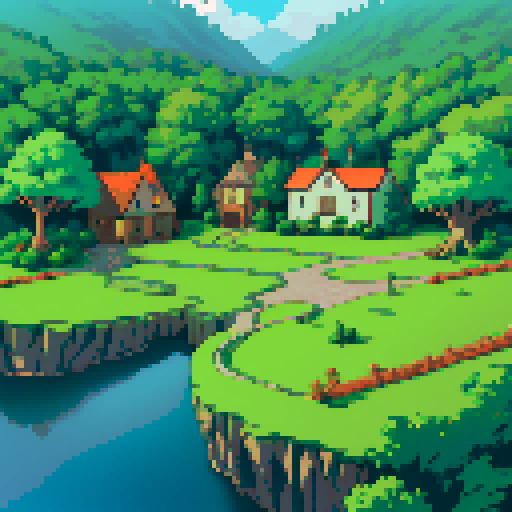 "Create an intricate pixel art map for a top-down 2D RPG, depicting the layout of Verdant Vale, the starting area of the game 'Chronicles of the Arcane Grid'. The map should feature a quaint fantasy village surrounded by lush green forests, with a clear, winding path leading through it. Include distinct areas such as a village square with market stalls, a mystic's cottage on the outskirts, and a central training ground. The map should show details like trees, houses, a fountain, and small fields