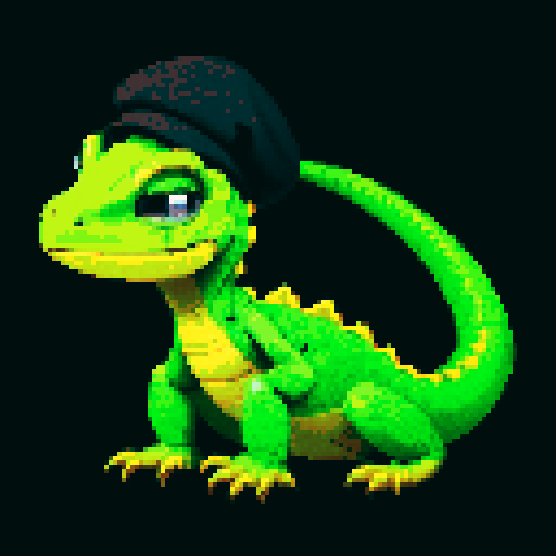 anthropomorphic lizard with cap, minimalistic, dark colors, pixelated details, retro video game style, vibrant green scales, expressive eyes, cap with a pixelated design