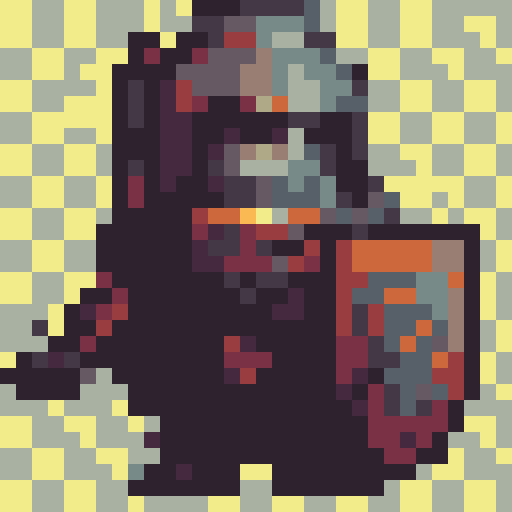 knight in armor, sword and shield, oblique side view, golden "V" embossed shield, brown hair, no helmet, fantasy RPG, game icon, character sprite