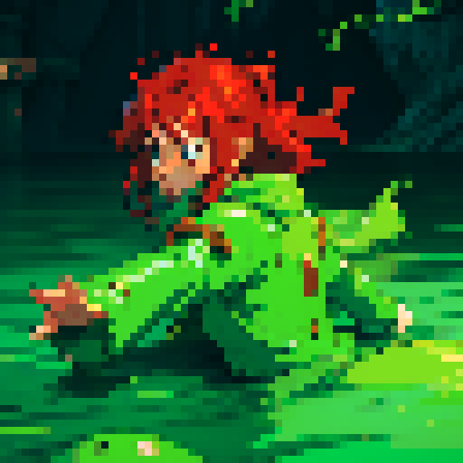 hero sinking into slime, hero drowning in slime, hero has red hair, hero has silver armor, reaching up, panic, sinking deep into slime