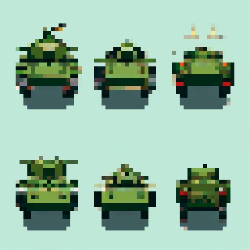 top-down pixel art sprite sheet, World War II army tank, bird's eye view, sleek olive green body, rugged tank treads, rotating turret, menacing barrel, pixel art, sRGB