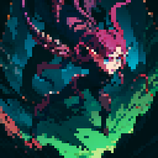 eldritch being, tentacles writhing, full body floating, brain pulsating, many eyes staring, eyeballs bulging, sRGB pixel art
