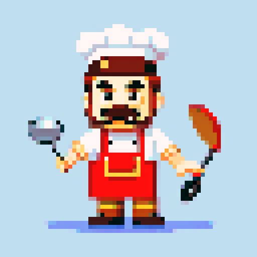 Cooking chef character with a moustache sprite for a 2D plateformer video game with a frying pan in his hand
