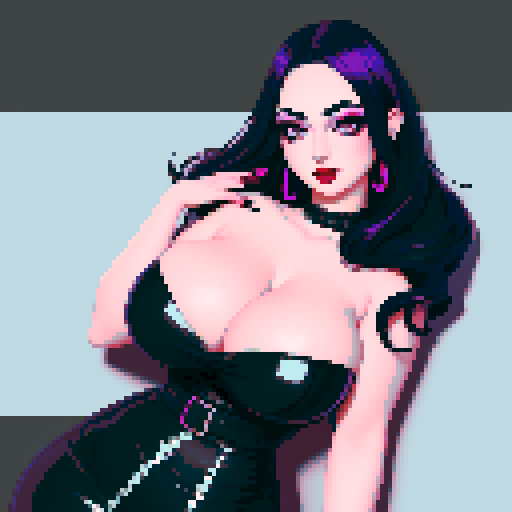 curvy, cute goth girl with black hair, purple eyeshadow, and red lipstick, in a nude glamour shot, rendered in pixel art with vibrant sRGB colors