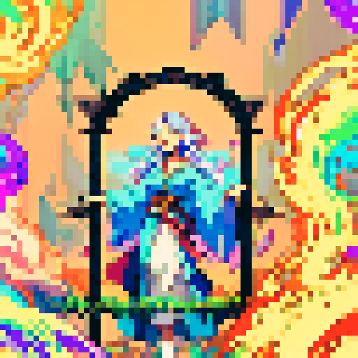 wizard, pixelated character, vibrant colors, magical staff, flowing robes, glowing runes, enchanted forest, shimmering spell, sparkling fireball, swirling vortex, whimsical creatures, old tome, ancient ruins, mystical symbols, ethereal glow, intricate details, nostalgic video game vibes, retro aesthetic, vibrant pixel art, magical ambiance