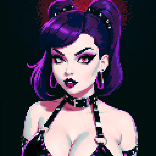 curvy, cute, busty greaser goth girl, with purple hair, black eyeshadow, red lipstick. Very busty wearing bikini, studded collar. Posing in a sexy seductive glamour shot, whole head portrait, avatar photo. vibrant sRGB colors, pixel art, edgy aesthetic