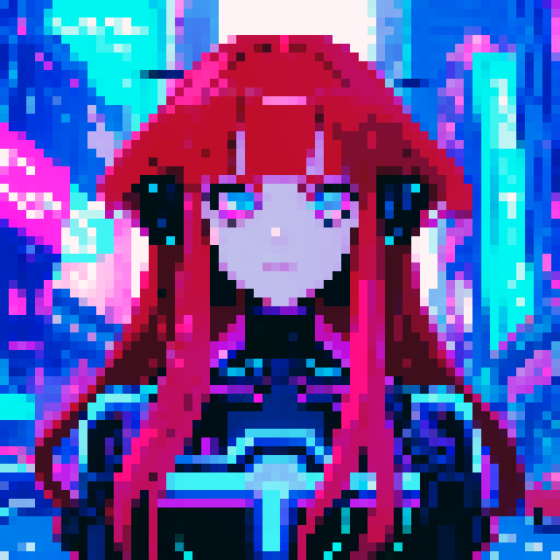 cute character with big, expressive eyes, long red hair, vibrant neon colors, futuristic cityscape filled with towering skyscrapers and holographic billboards, pixel art aesthetic, glowing neon signs reflecting off rain-soaked streets, characters wearing edgy, futuristic fashion, dramatic lighting casting long shadows, intricate circuitry and glowing cybernetic