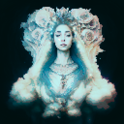 Create a close-up image of a queen mermaid with a crown in a medieval dark style, with her face partially submerged underwater. Half of her face is above the water's surface, revealing her beautiful features. The crown should have an ethereal, shimmering quality, adding to her majestic presence.