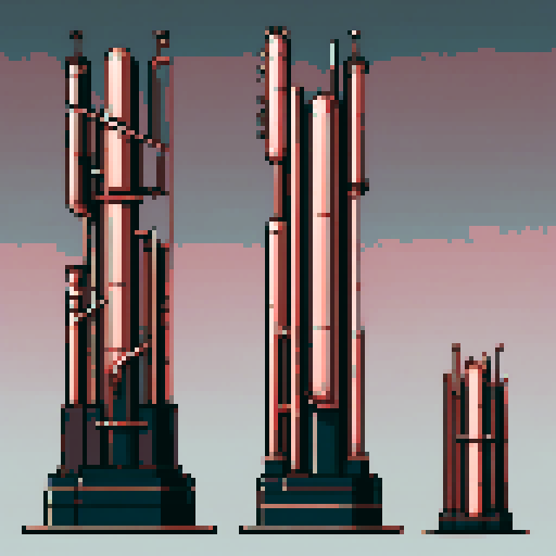 I want a tall vertical copper structure reminiscent of a organ pipe. It should have strange mechanical details that could interlock with each other. I also want this object usable an asset in a videogame, meaning only one object per image, outlined with a strong black stroke, on a solid-color background.
