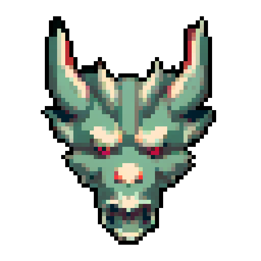red dragon head, sprite, vibrant colors, glowing eyes, horns, 8-bit art style