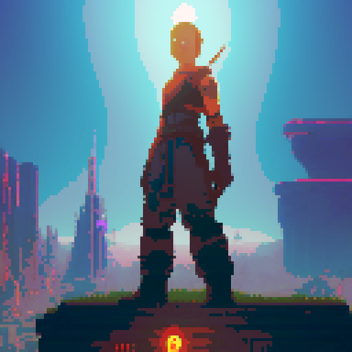 Pixelated hero with sword side view of the future, standing in a cyberpunk city with many cyberpunk items, by Vincent Di Fate Nausicaa, Ghibli, Breath of The Wild, epic composition