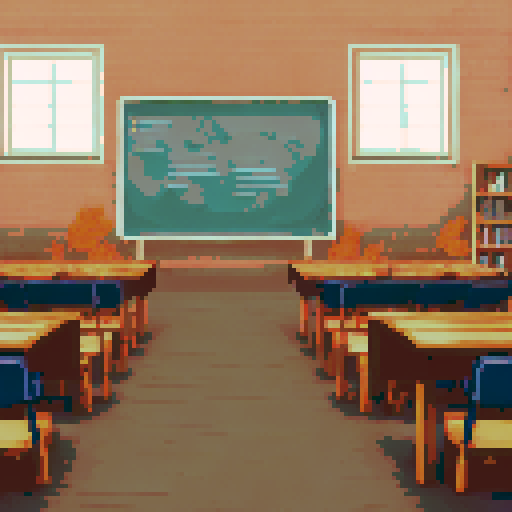 Cozy autumn lecture hall, warm earth tones, pixel art, sRGB, elegant background, bookshelves, wooden desks, vintage chalkboard, soft lighting, falling leaves, serene landscape, quiet study atmosphere