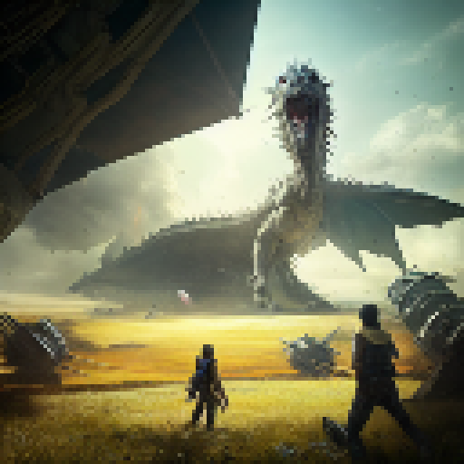 Eren from atack on titan, ready for battle with sword and shield, confronts a ferocious dragon-like beast in a sun-drenched wheat field, with a rustic barn and towering silo looming in the background, all rendered in a highly detailed and textured Fantasy RPG style.