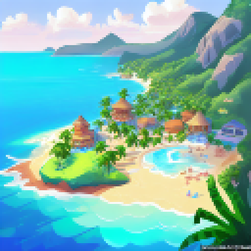 A beach with palm trees in the Caribean, looking out to the ocean, pixel art, in the style of Monkey Island 2 background art