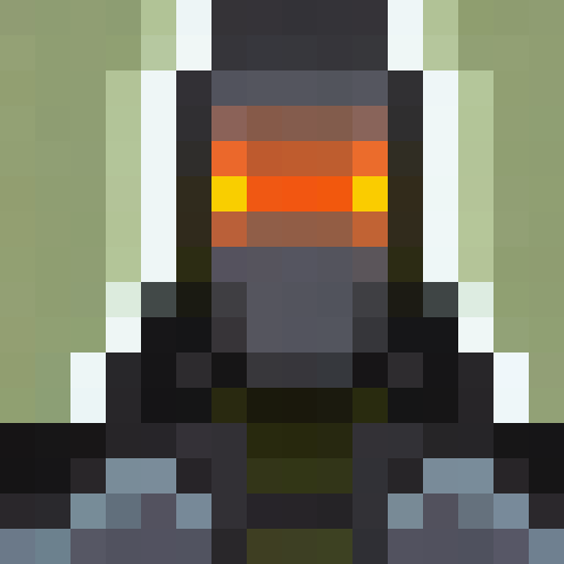 Cyber-knight scans verdant world with towering flora, glowing bioluminescence, & floating drones in a sleek, futuristic game icon art style; close-up, pixel art portrait.