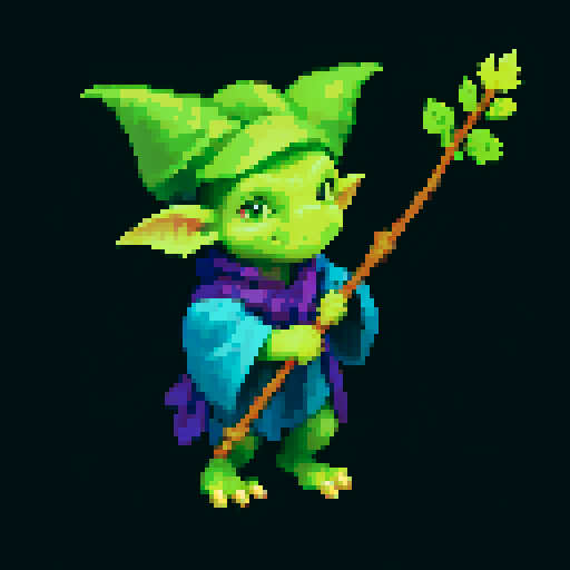 A nature-connected goblin with leafy robes, a wooden staff, and an aura of natural magic. It has wise eyes and a calm expression, with nature spirits swirling around it. No background.

