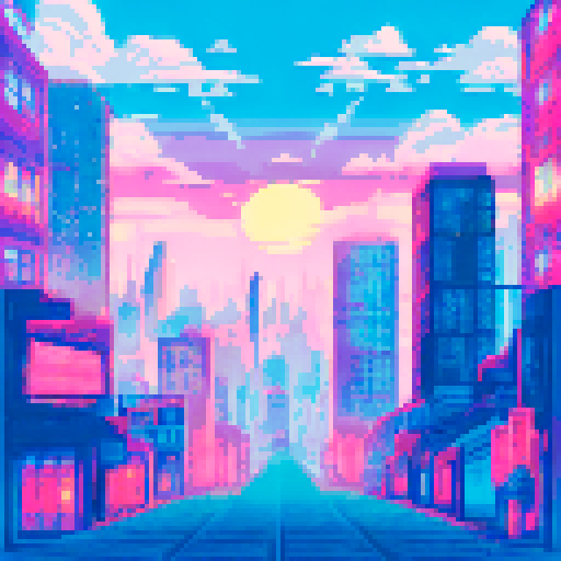 super cute pink aesthetic, sunset in the city, skyscrapers, view from the street looking up, pov perspective