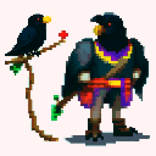 old raven-like druid with a staff