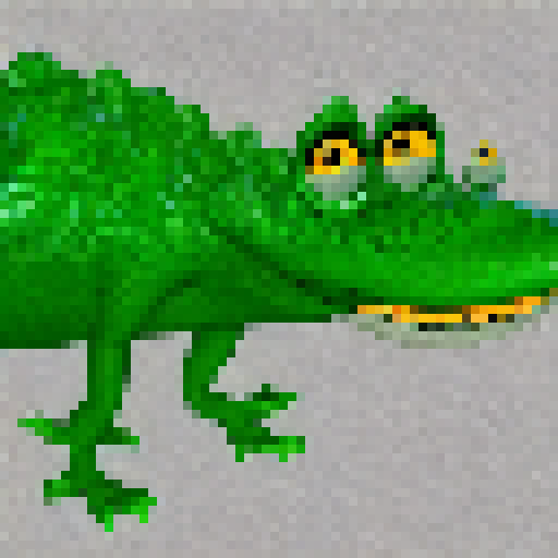 a green alligator with yellow green belly, cartoon style, big eyes, buck teeth, goofy looking