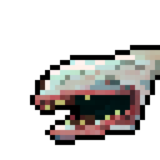 goblin shark, large bill, ominous, ugly, nasty teeth, game icon, 32x32 pixel art, sRGB, skill art