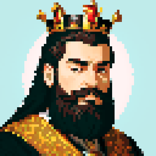 king, regal, crown, majestic, stoic expression, sharp features, detailed beard, silver accents, royal robe, intricate embroidery, game icon, 32x32 pixel art, sRGB, skill art, close up, portrait