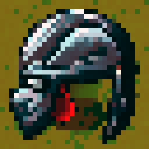 Horned, fiery demon hunter helmet with intricate engravings, glowing red eyes, and smoke billowing from the nostril-like vents, rendered in 32x32 pixel art for use as a game asset