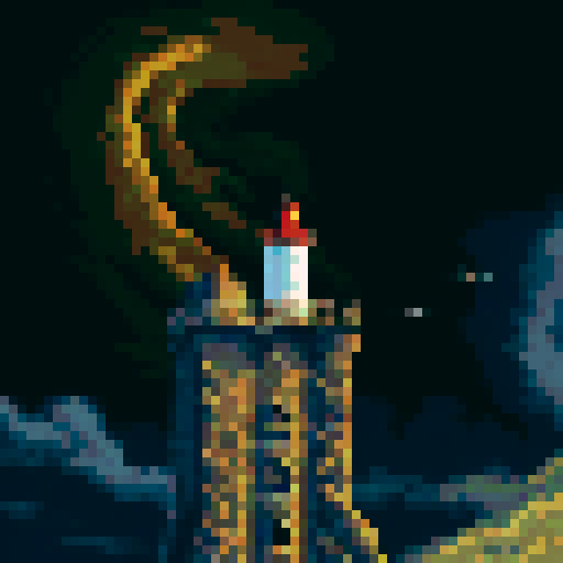 A towering lighthouse stands tall against a stormy sky, surrounded by choppy waves and rugged cliffs, with seagulls circling above