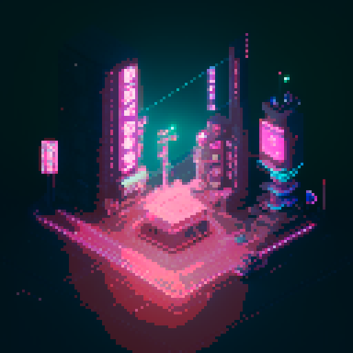 isometric 3D perspective, anime girl hovering in street, Japanese cyberpunk, neon lights, futuristic cityscape, dark colors, pixel art
