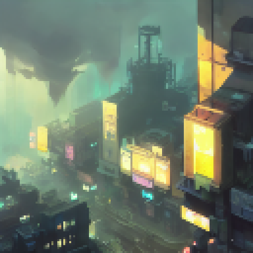 Aetherpunk cityscape with towering neon-lit skyscrapers, shrouded in an ominous cloudy haze and featuring a Blade Runner-esque cyberpunk aesthetic, rendered in a portrait format with dark, moody colors.