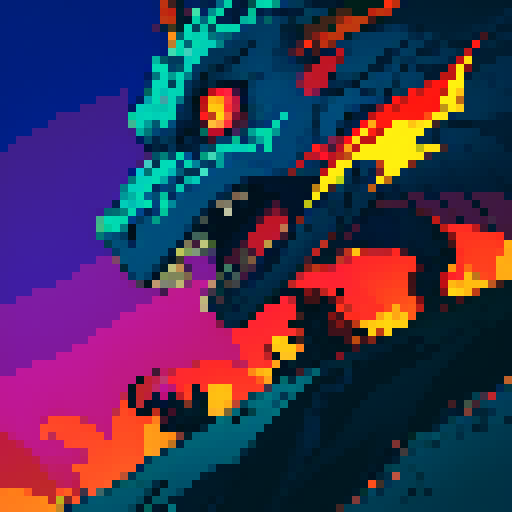 top down dragon head sprite, vibrant colors, glowing eyes, horns, 8-bit art style, sRGB