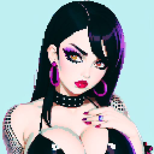 curvy, sweet goth girl with black hair, purple eyeshadow, and red lipstick, wearing a bikini, studded collar, in a glamour shot, sRGB color