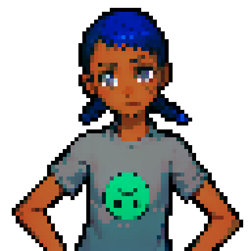 Young black girl with blue pigtails and gray eyes