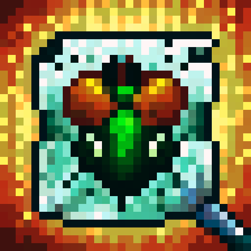 "Pixelated green ant crawls near a red apple in a retro-style game icon close-up portrait, set against a black command terminal screen with code-like details."