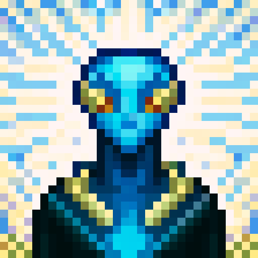 Alien creature with exotic features, wielding a futuristic gun, in a captivating and unusual environment like a barren alien desert, dense alien jungle, or futuristic cityscape, close-up, skill art, game icon style, 32x32 pixel art, sRGB, portrait, with a stance and expression that showcases its power and precision