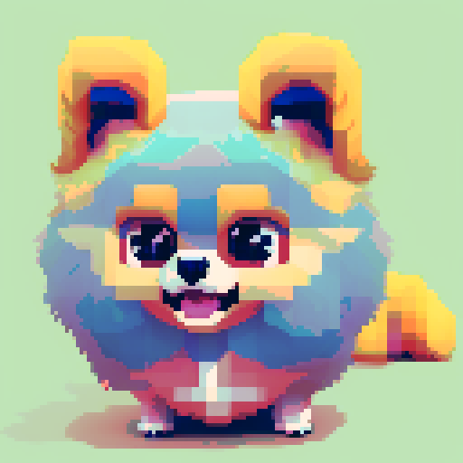 Pomeranian, fluffy, vibrant colors, pixel art, playful expression, lively eyes, tiny paws, animated tail, adorable posture, endearing facial features, intricate pixel details