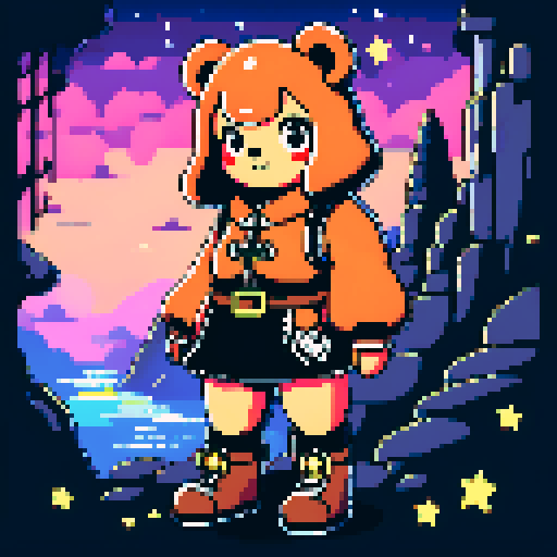 A graphic depiction of a chubby puffy bear in retro 1995 anime style, chibi form, pixel art, half body, ellipse head,with black puppet eyes and brown fur, styled with long twin pigtails. Wearing magical clothes with intricate belts and patches. Background of a wild magic night with a dark waterfall and bright stars. Created Using: classic anime aesthetics, detailed magical garments, enchanting night setting, vivid portrayal, star reflections, dynamic composition, hd quality --ar 2:3 --v 6.0 niji