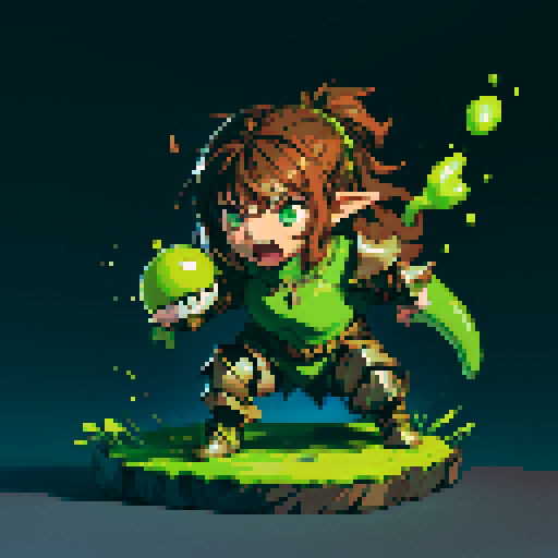 slime slamming into a hero, impact, splattering, full-body image, hero has brown hair and metal armor, slime is green